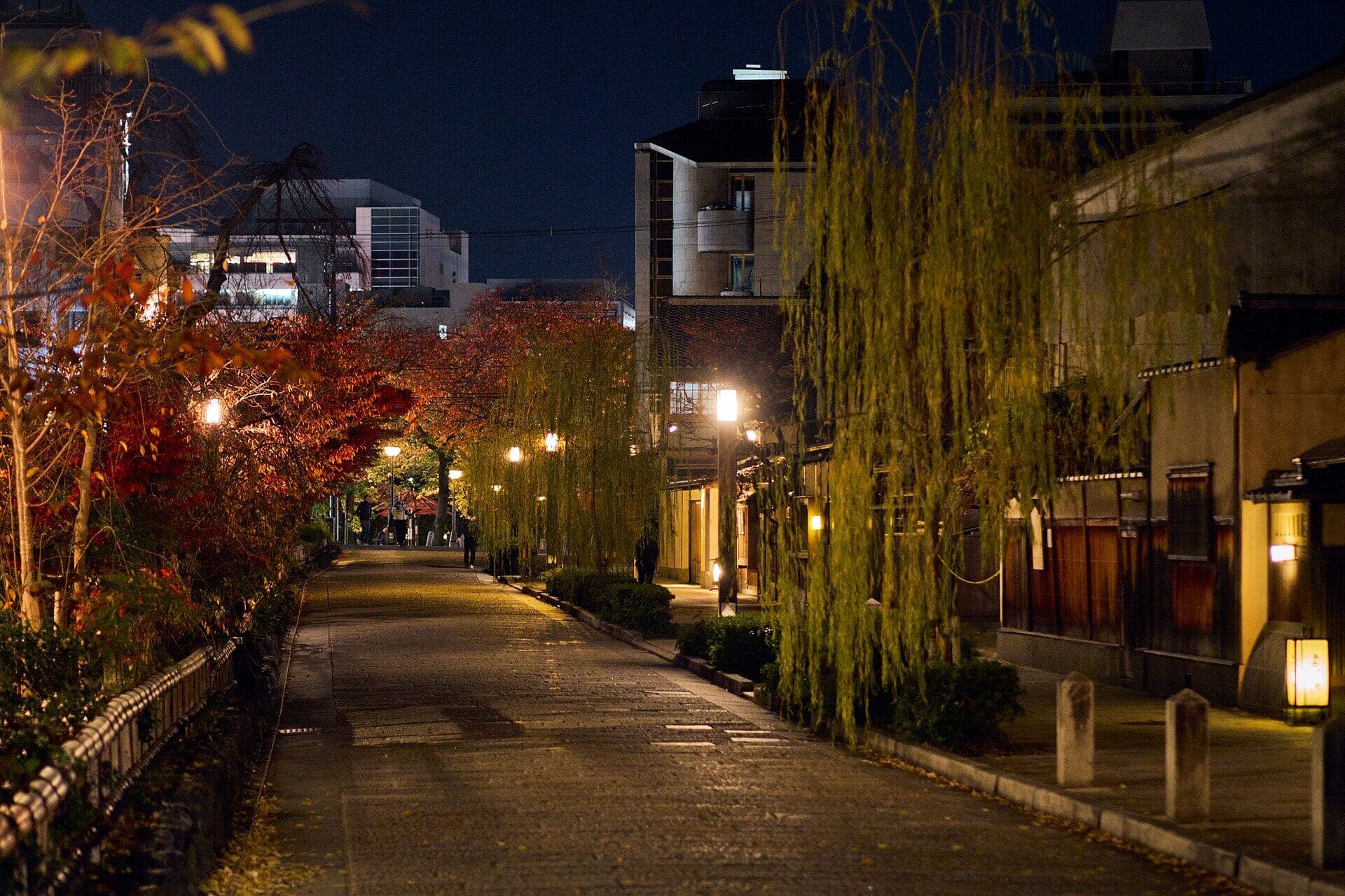 A lantern-lit street in Japan at night